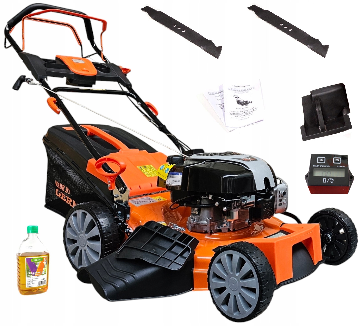 Nemecká benzínová kosačka na trávu 7,5 HP 1000 cm³ s košom s objemom 65 l a pohonom